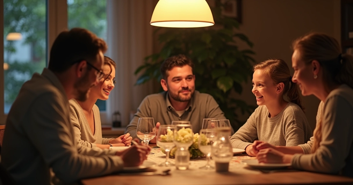 Família conversando reunida em jantar tranquilo 
