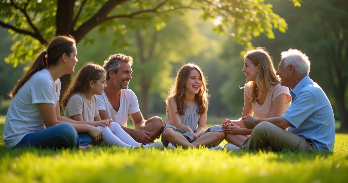 Família sentada em círculo conversando em um jardim, com expressões atentas nos rostos 