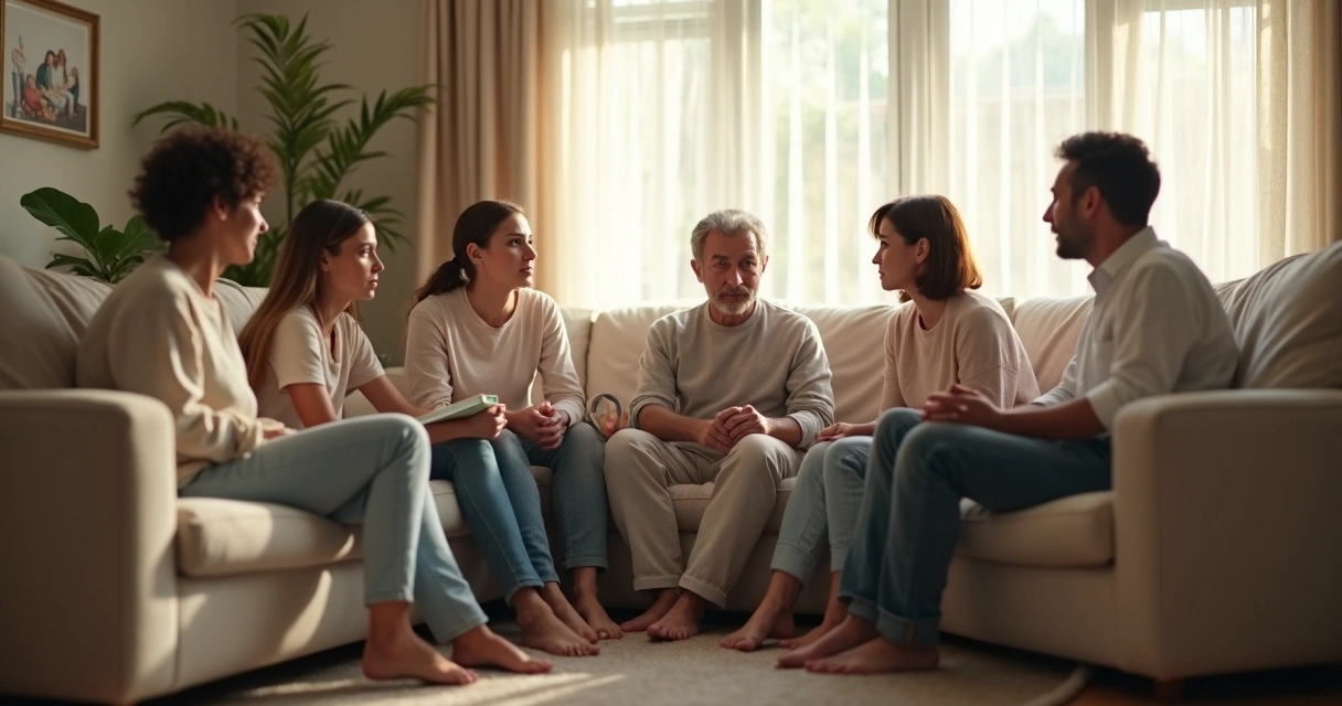 Família sentada em roda conversando seriamente, focada no diálogo 