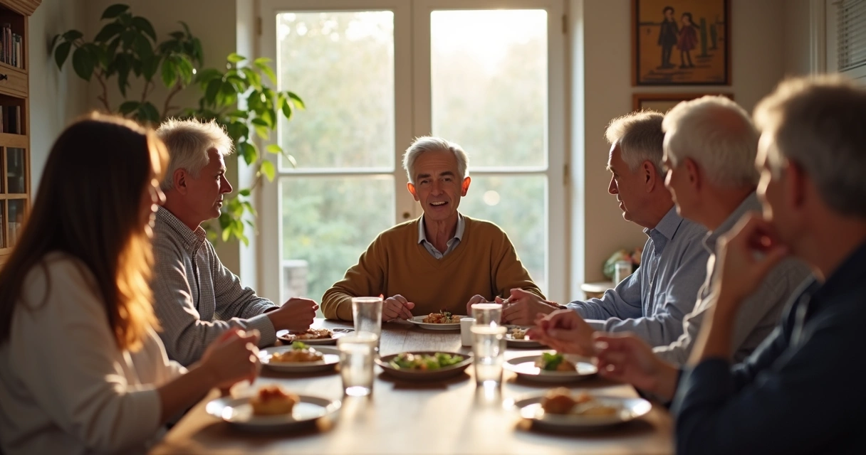 Família sentada à mesa conversando com atenção