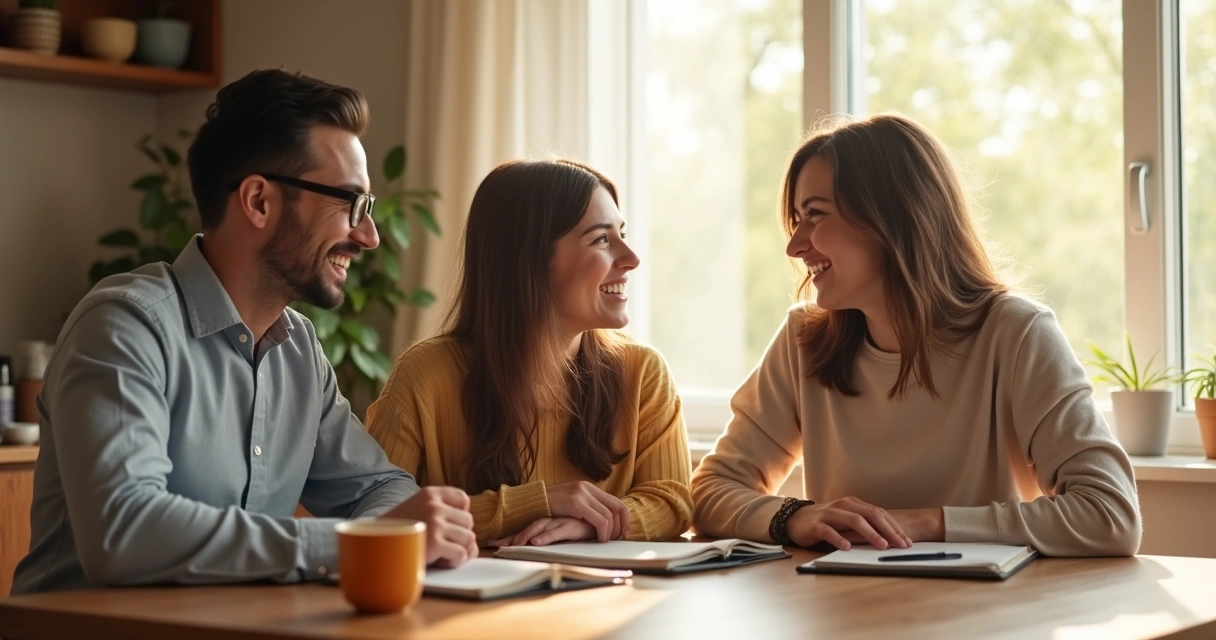 Família reunida em volta da mesa, conversando com atenção 