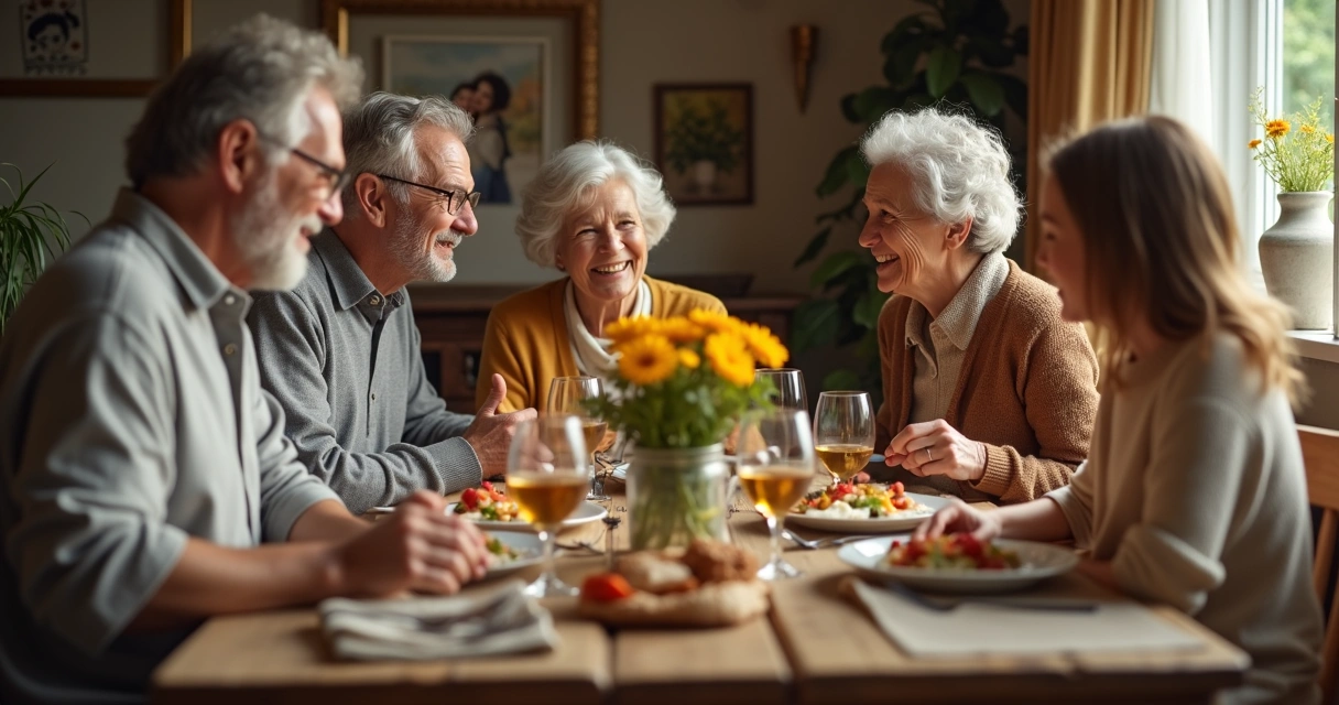 Família conversando em uma mesa de jantar rústica, adultos e crianças trocando olhares atentos e sorrindo 