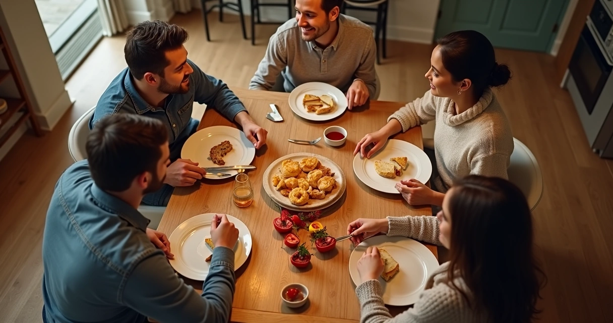 Família reunida conversando em volta da mesa de jantar