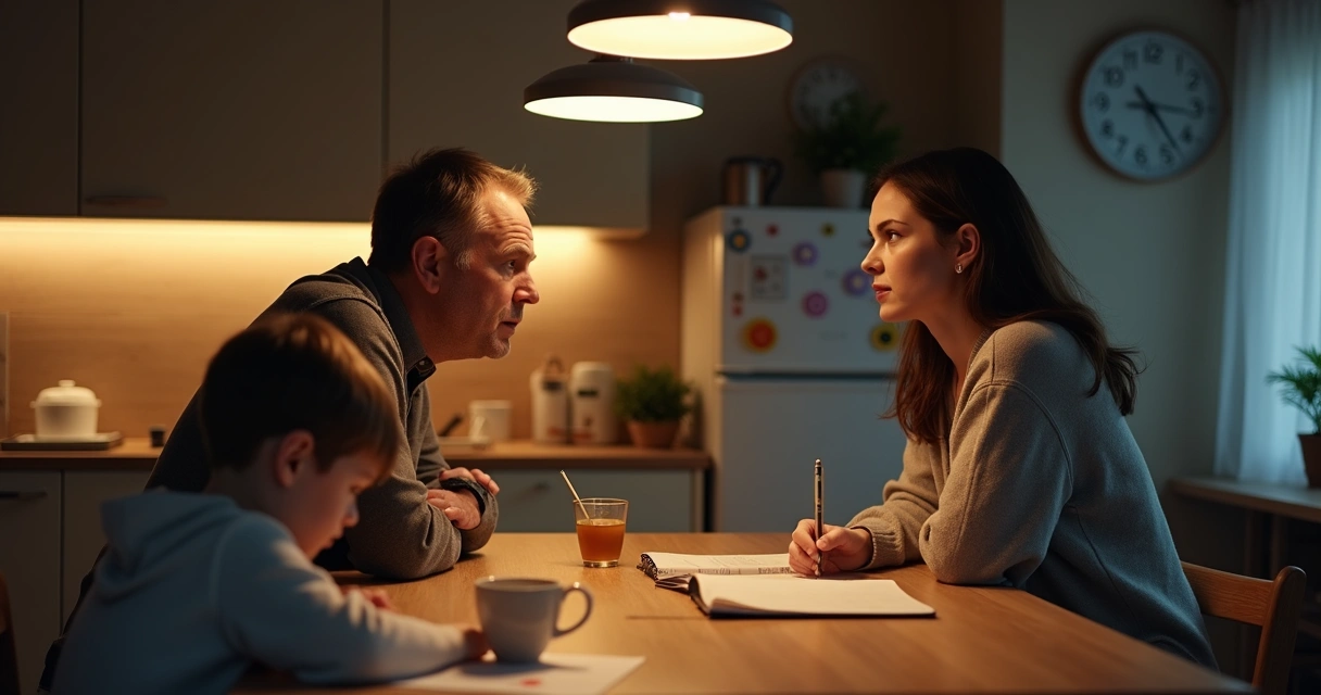 Dois adultos conversando com calma em cozinha à noite enquanto criança desenha na mesa 