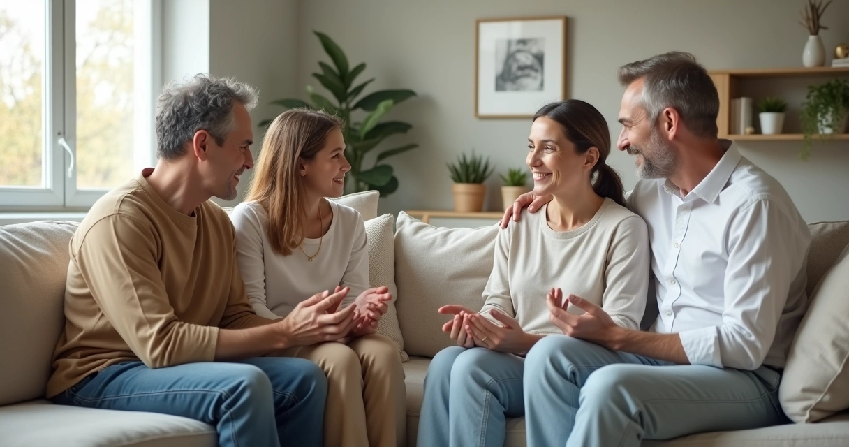 Família sentada no sofá conversando com calma na sala de estar 