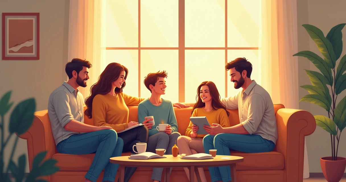 Família sentada no sofá em roda conversando no fim da tarde, com luz natural vindo da janela.