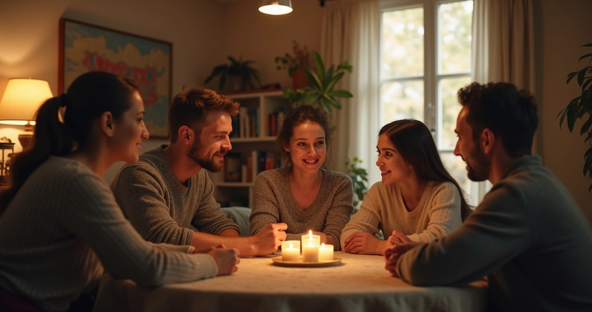 Família sentada à mesa conversando, expressão de escuta ativa 