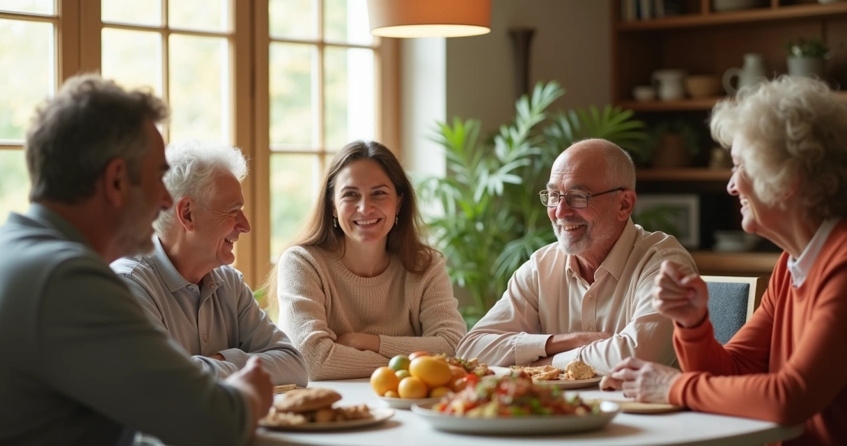 Família sentada em volta de uma mesa conversando e sorrindo