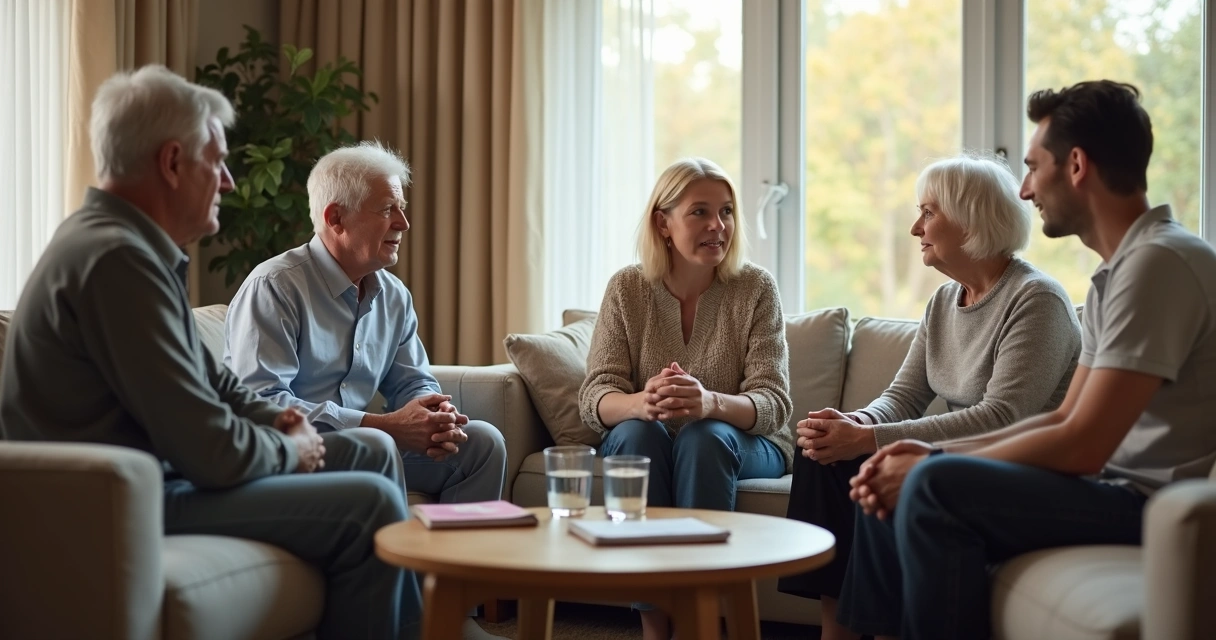 Família em conversa séria na sala de casa