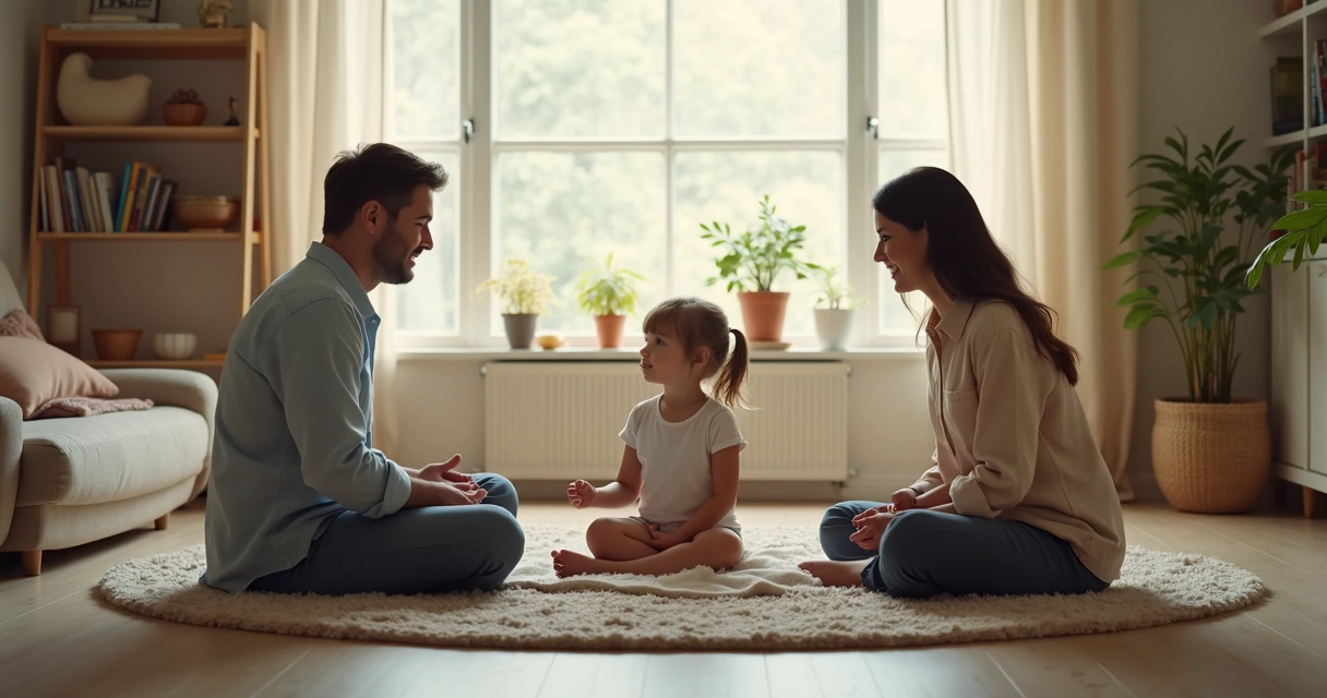 Família conversando calmamente na sala
