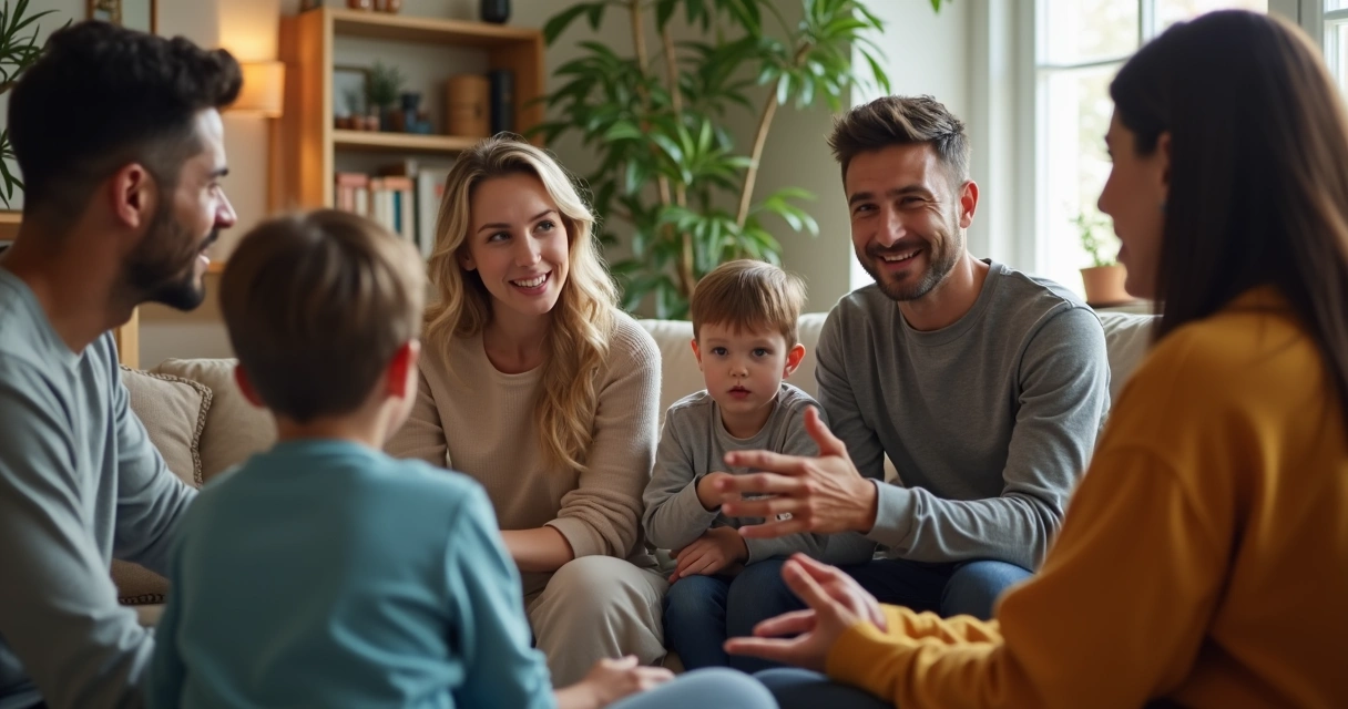 Família conversando em círculo na sala de estar 