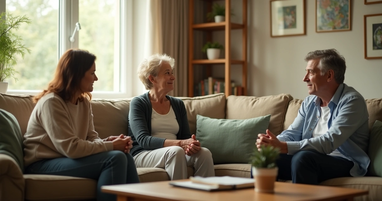 Família em conversa tranquila na sala com luz natural 