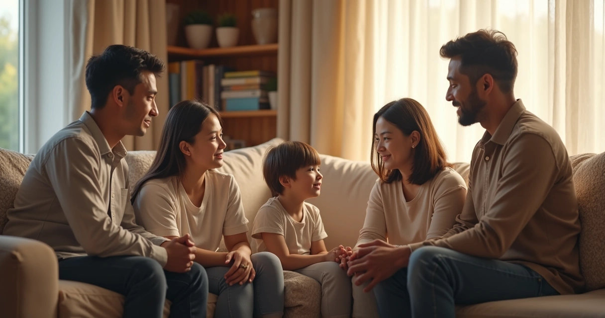 Família conversando na sala com criança ao centro 