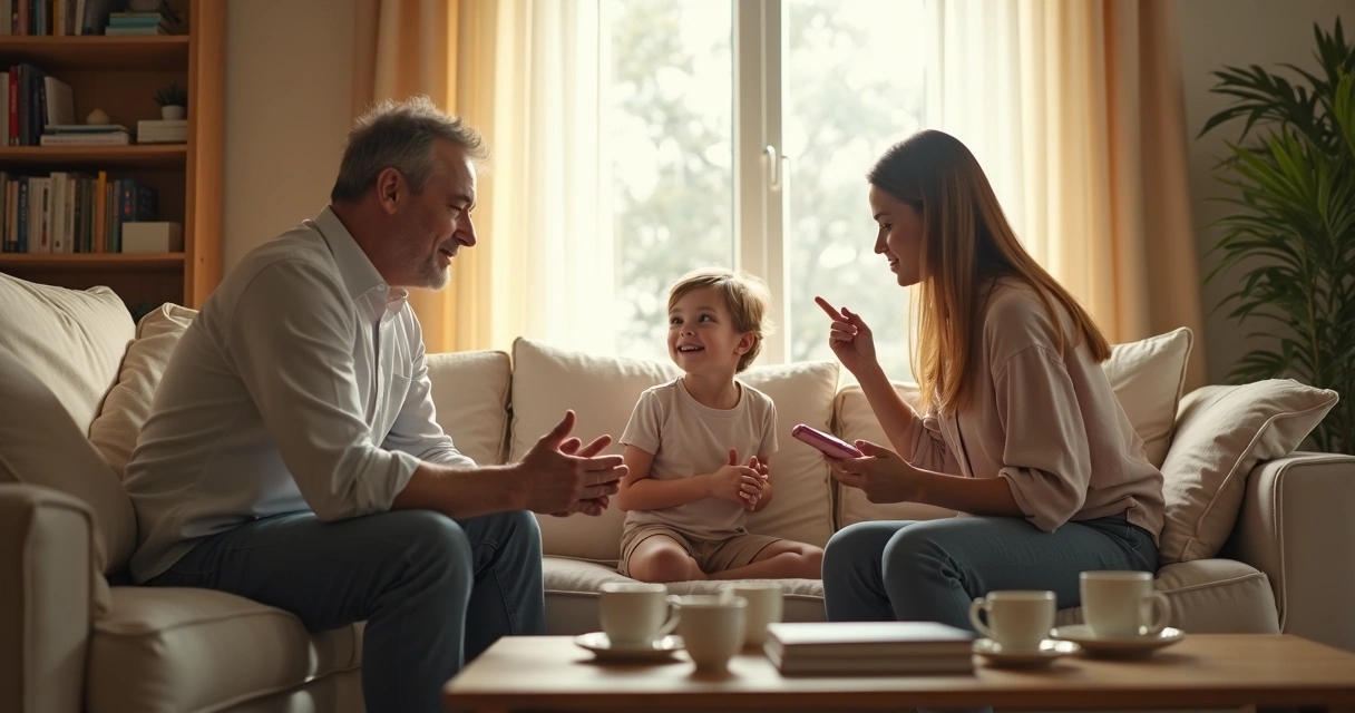 Família conversando com atenção na sala 