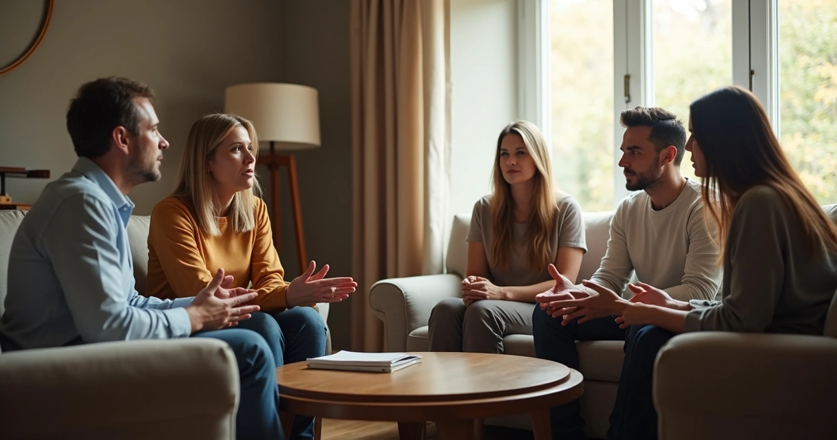 Família conversando sentada na sala 