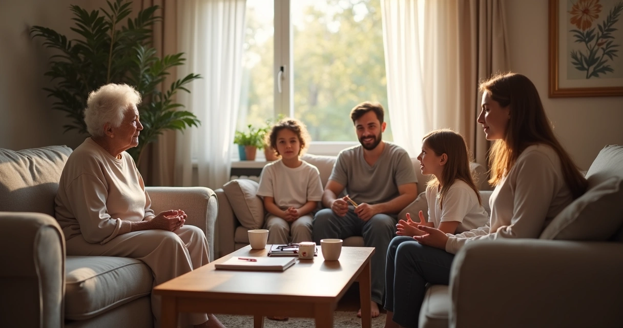 Família de várias gerações conversando na sala 