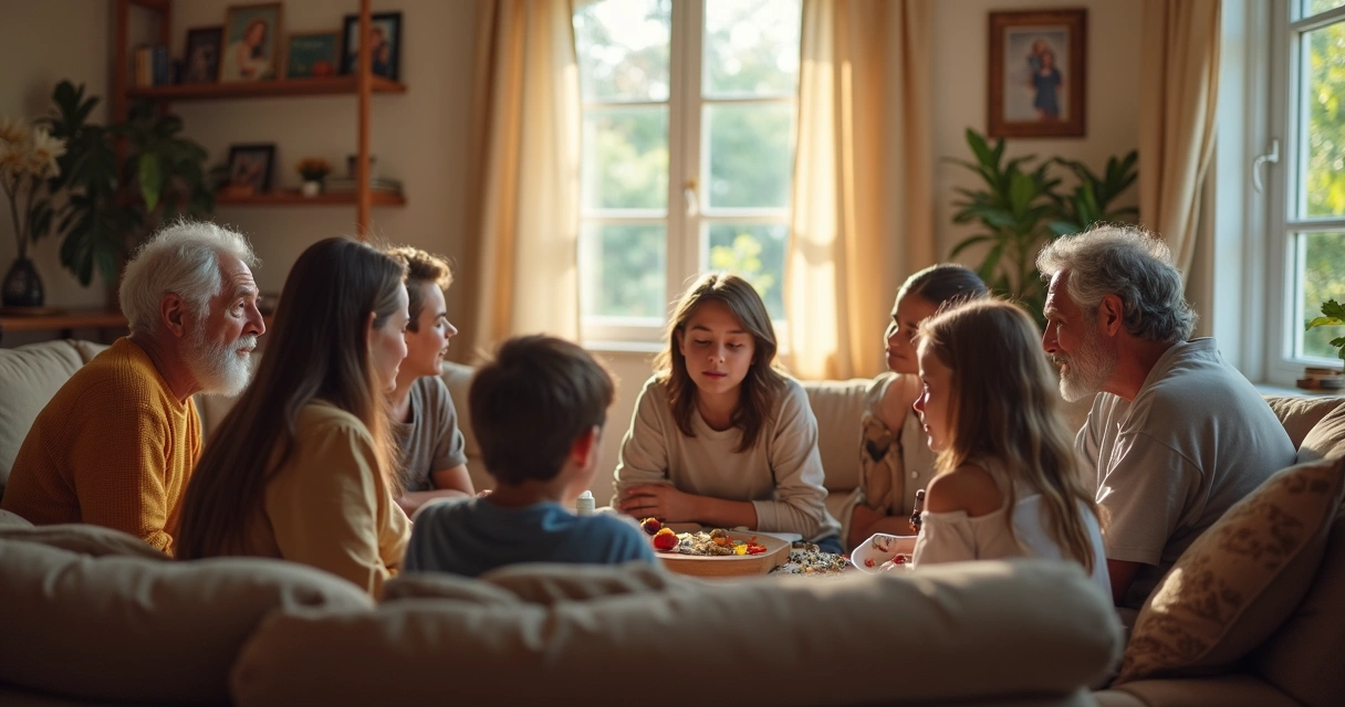 Família de várias idades conversando na sala