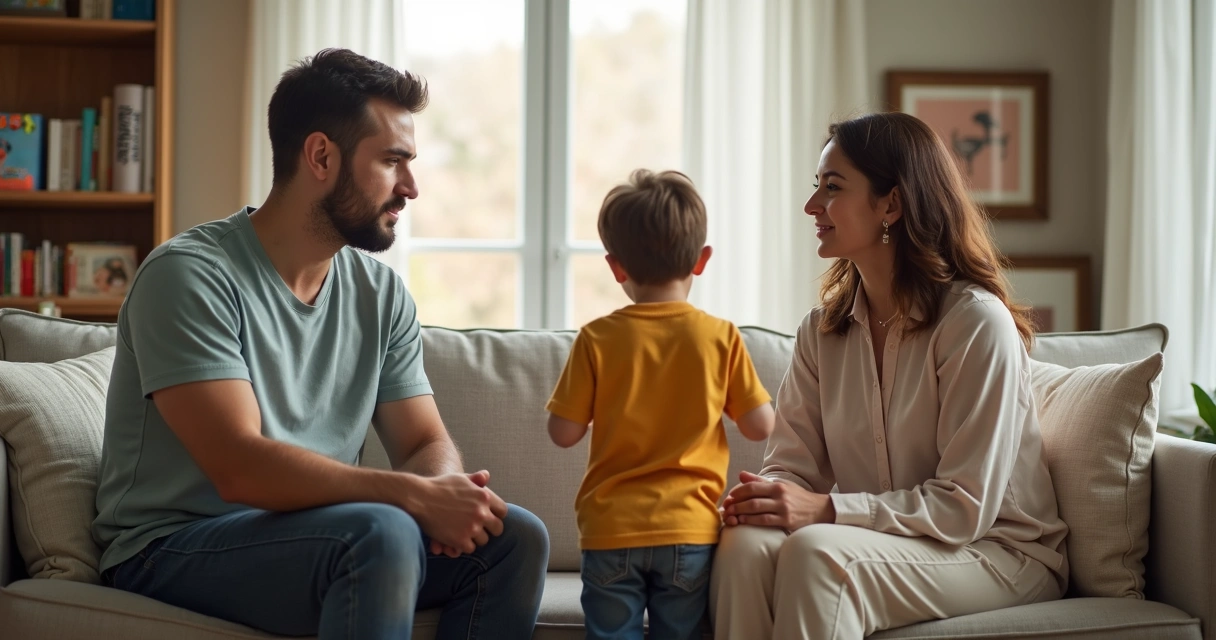 Família conversando na sala com criança ao centro 