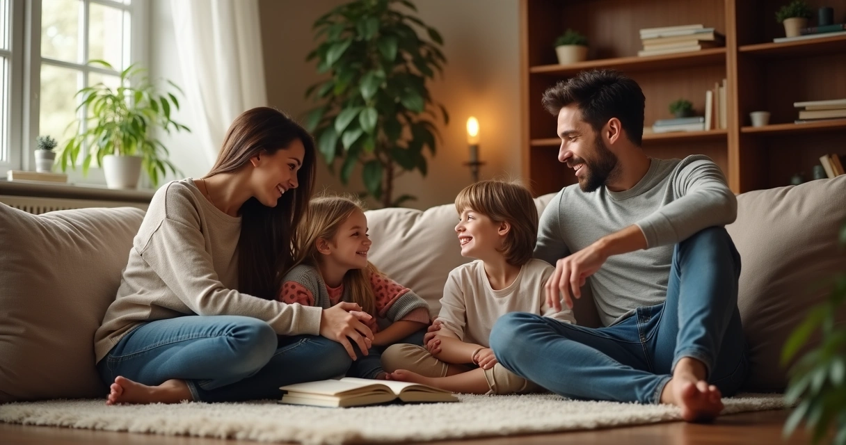 Família conversando sentada na sala de casa 