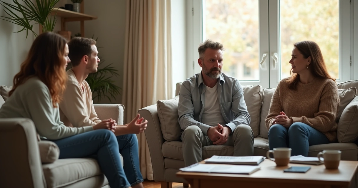 Família conversando na sala em ambiente acolhedor 