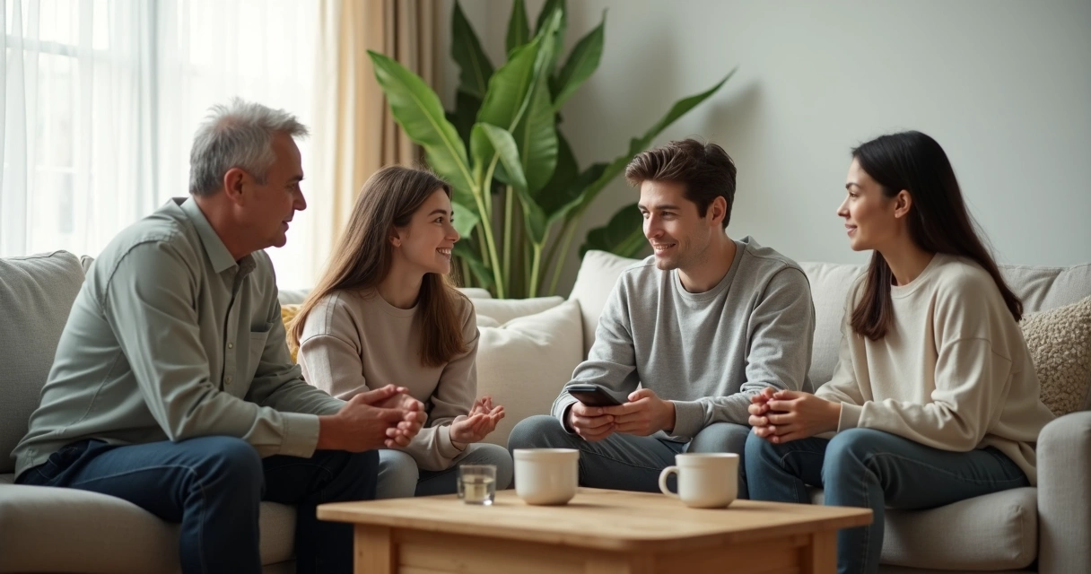 Família sentada na sala conversando de forma calma e respeitosa 