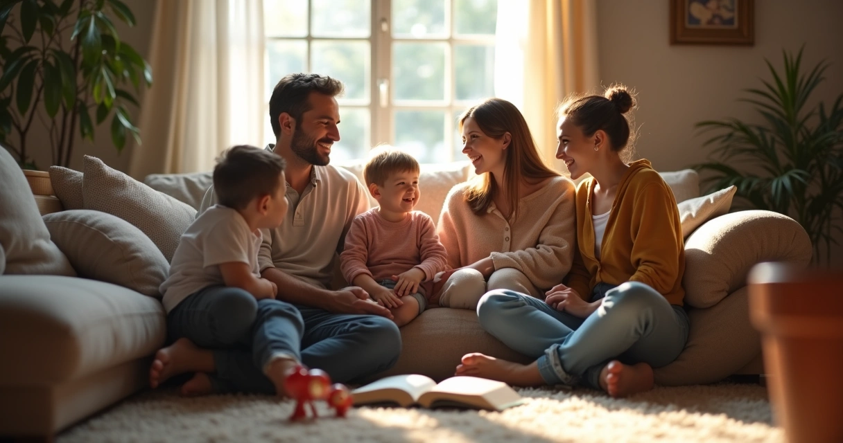 Família sentada em sala de estar conversando