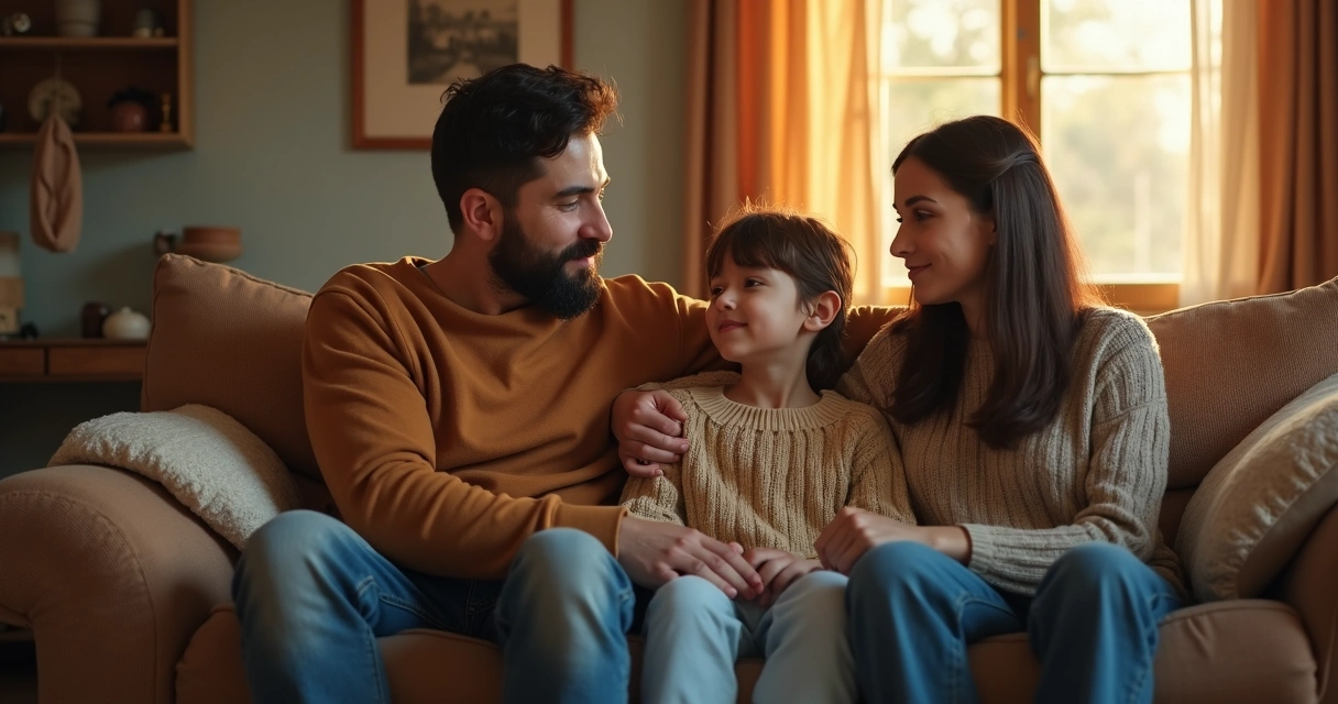 Família sentada na sala conversando, clima intimista, tons suaves 