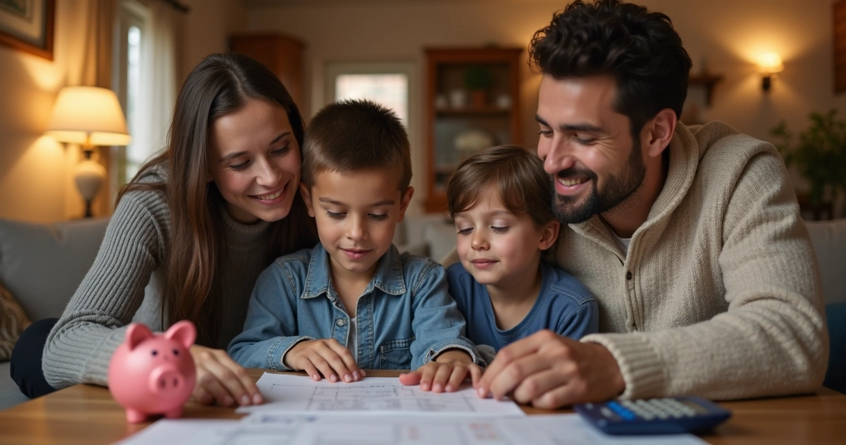 Família reunida na sala conversando sobre finanças 