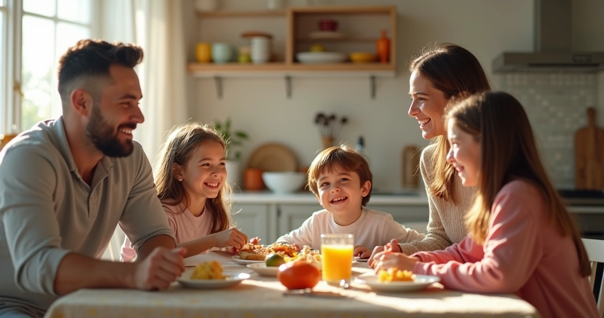 Família sorrindo sentada à mesa conversando