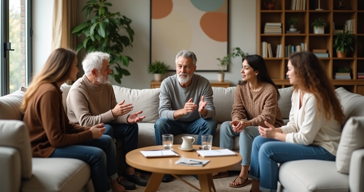 Família sentada em círculo no sofá conversando de forma acolhedora 