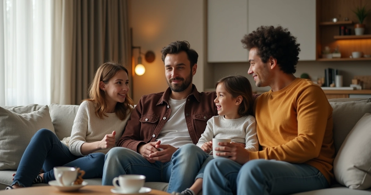 Família sentada em sofá conversando atentamente 