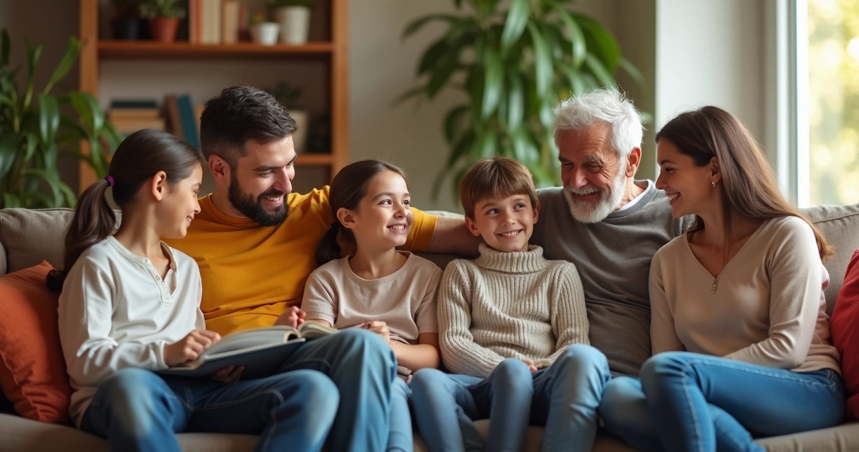 Família sentada no sofá conversando juntos 