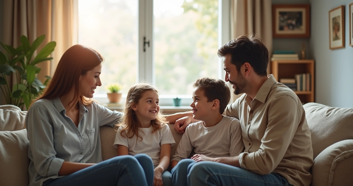 Família conversando no sofá em ambiente acolhedor