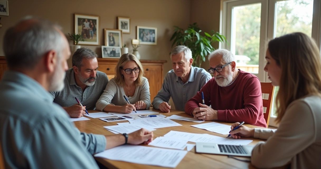 Família sentada reunida conversando em volta de uma mesa 