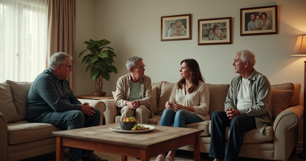 Família sentada na sala em conversa tensa
