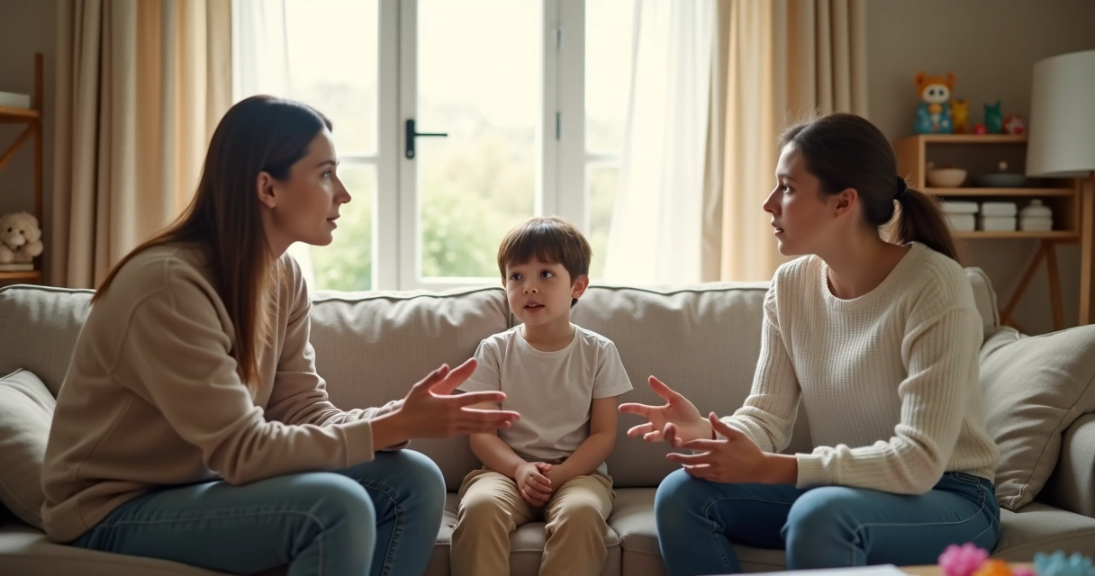 Familia conversando en la sala con actitud serena