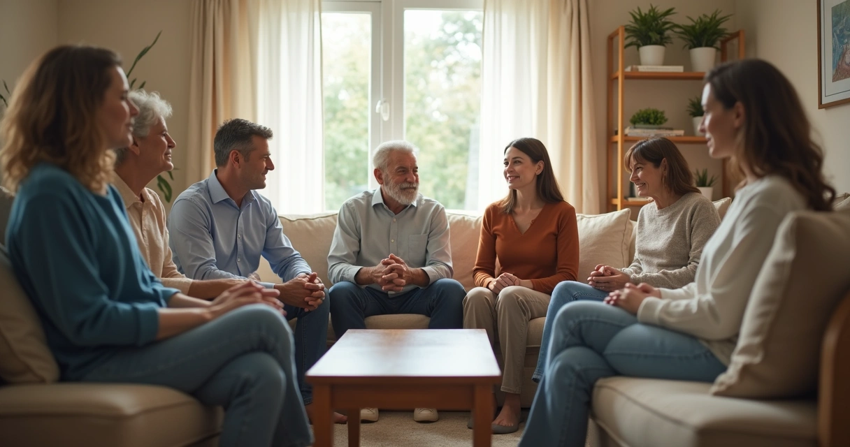 Familia conversando en una sala con actitud serena