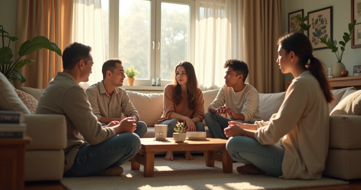 Familia conversando en una sala con actitud de escucha