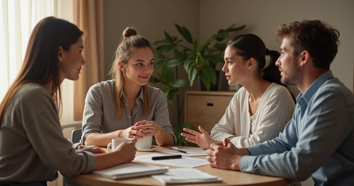 Familia conversando con calma alrededor de una mesa