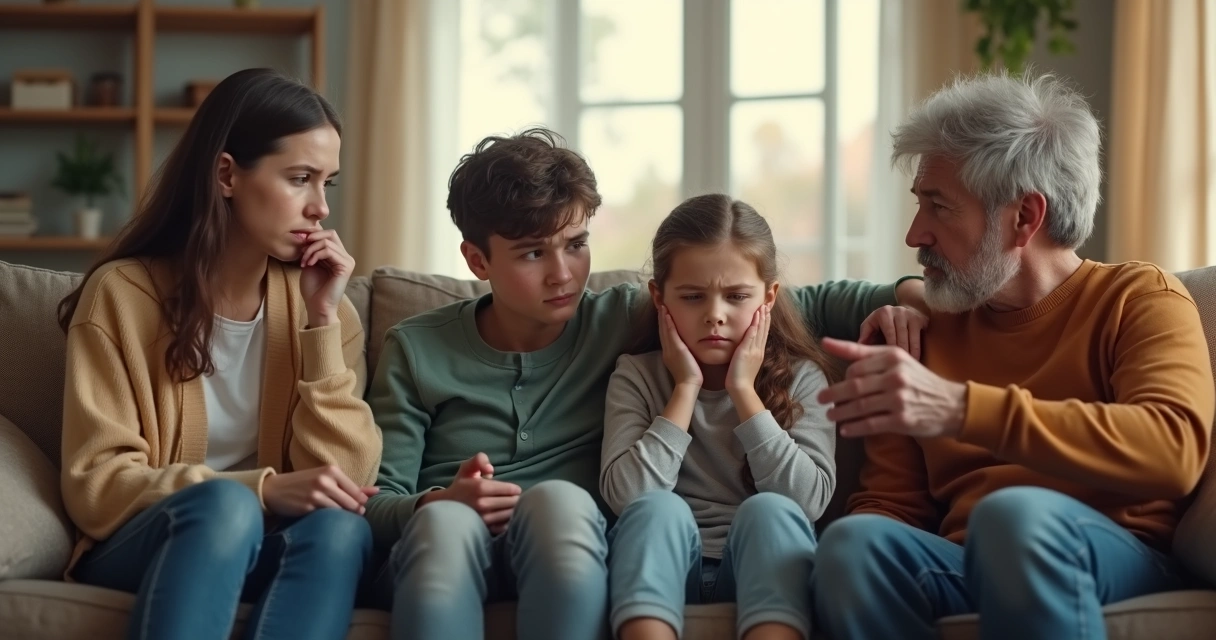 Familia sentada en la sala con gestos de incomodidad entre ellos