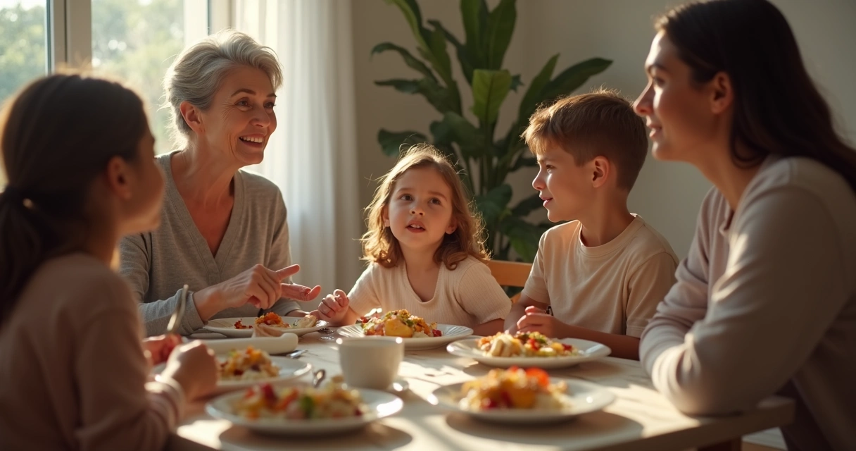 Família sentada à mesa conversando de forma calma 
