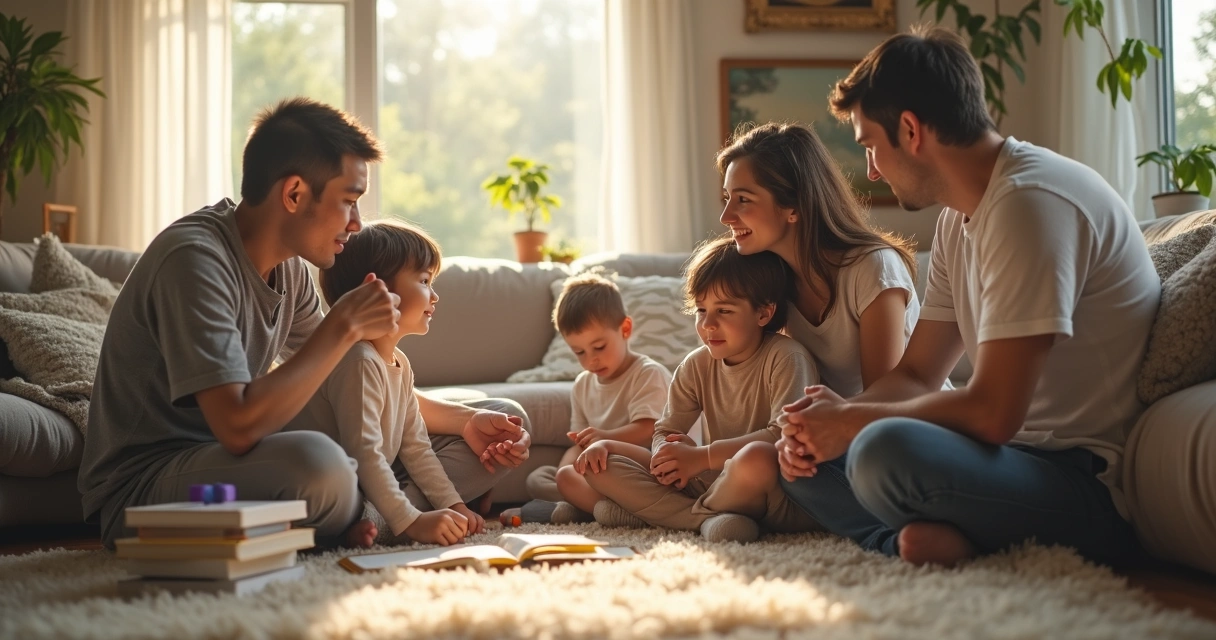 Familia sentada conversando en casa