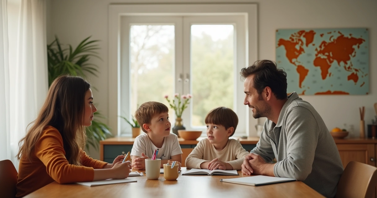 Familia conversando en la mesa sobre valores y convivencia 