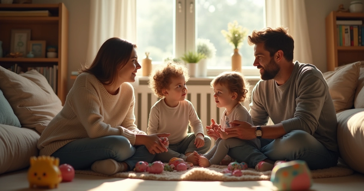 Família sentada em círculo conversando em casa 