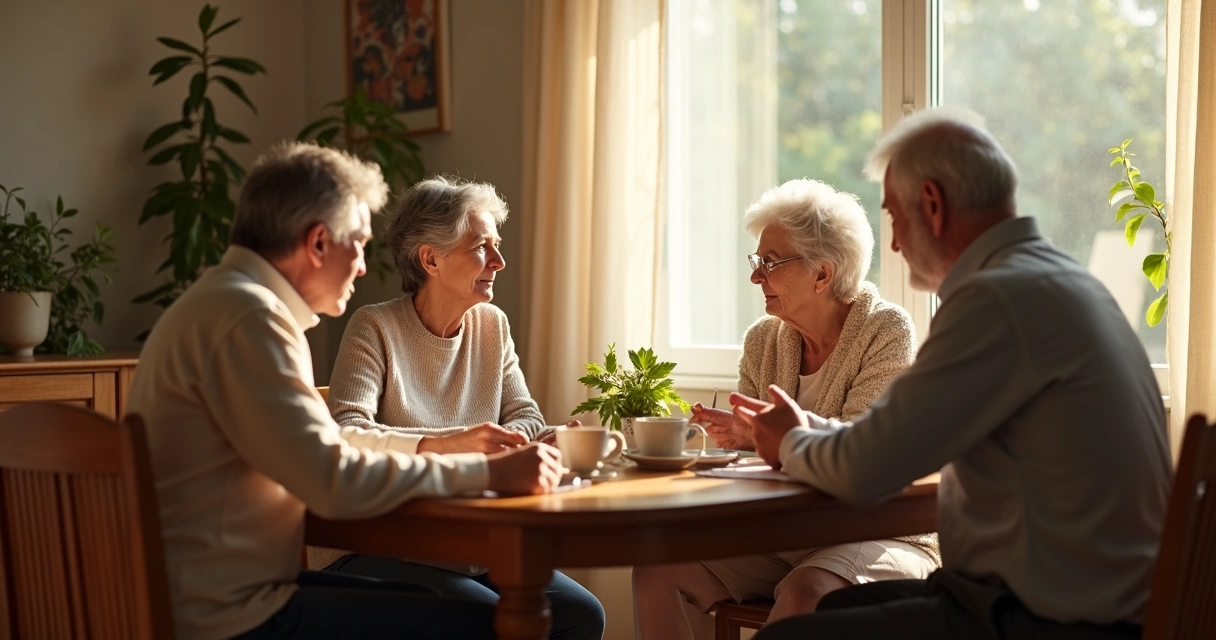 Família sentada conversando ao redor de uma mesa em casa 