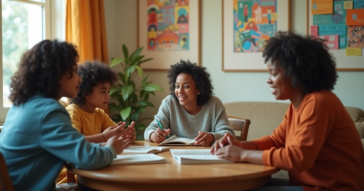 Família e terapeuta conversando em ambiente acolhedor com materiais antirracistas na mesa 