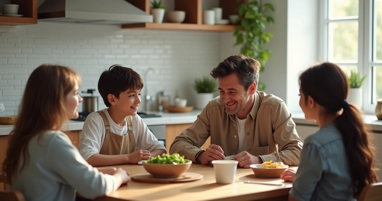 Família conversando reunida na cozinha 