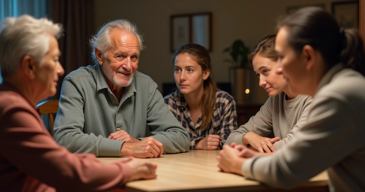Idoso em conversa com a família, expressando preocupação e apoio 