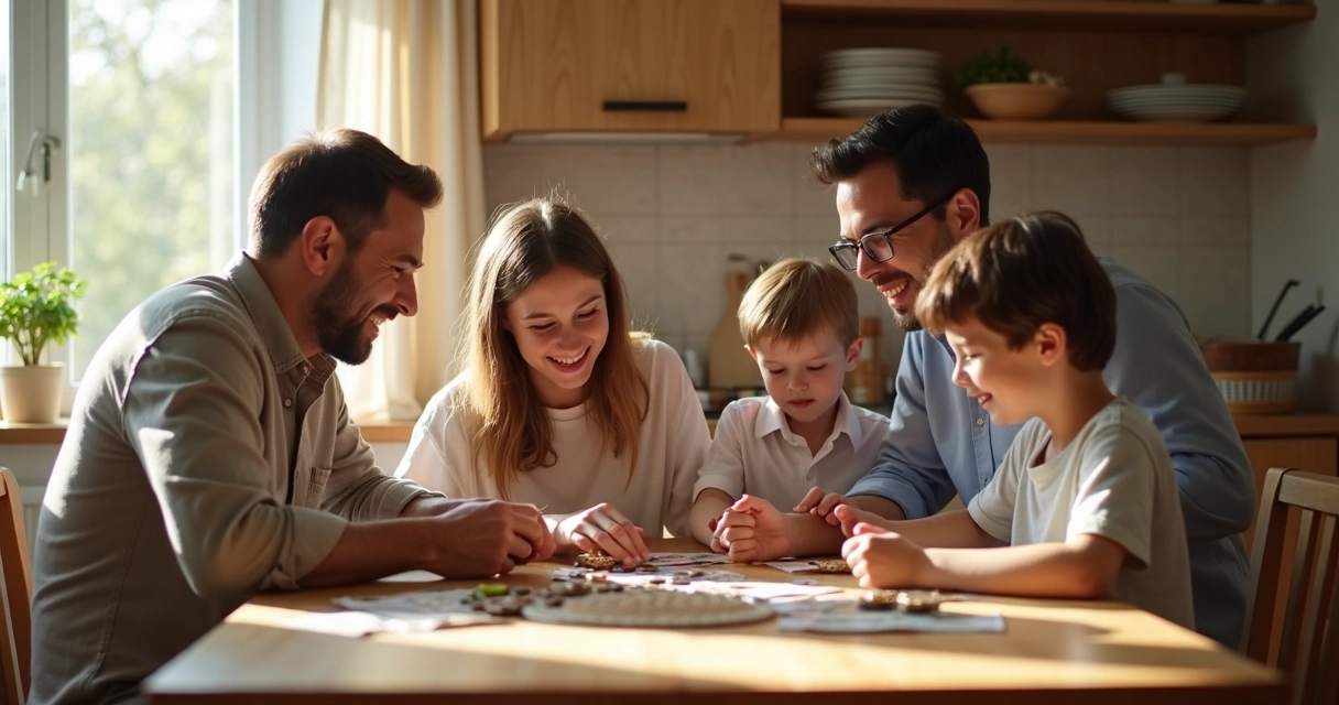 Família sentada à mesa conversando sobre dinheiro, crianças ouvindo atentos. 