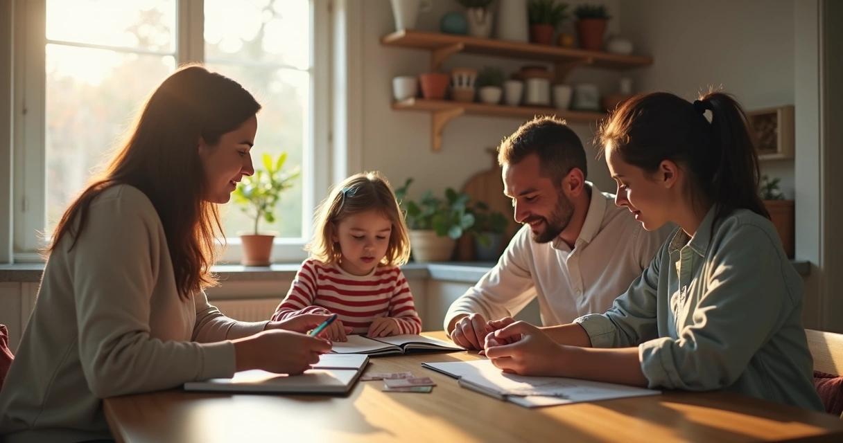 Família conversando sobre dinheiro na mesa